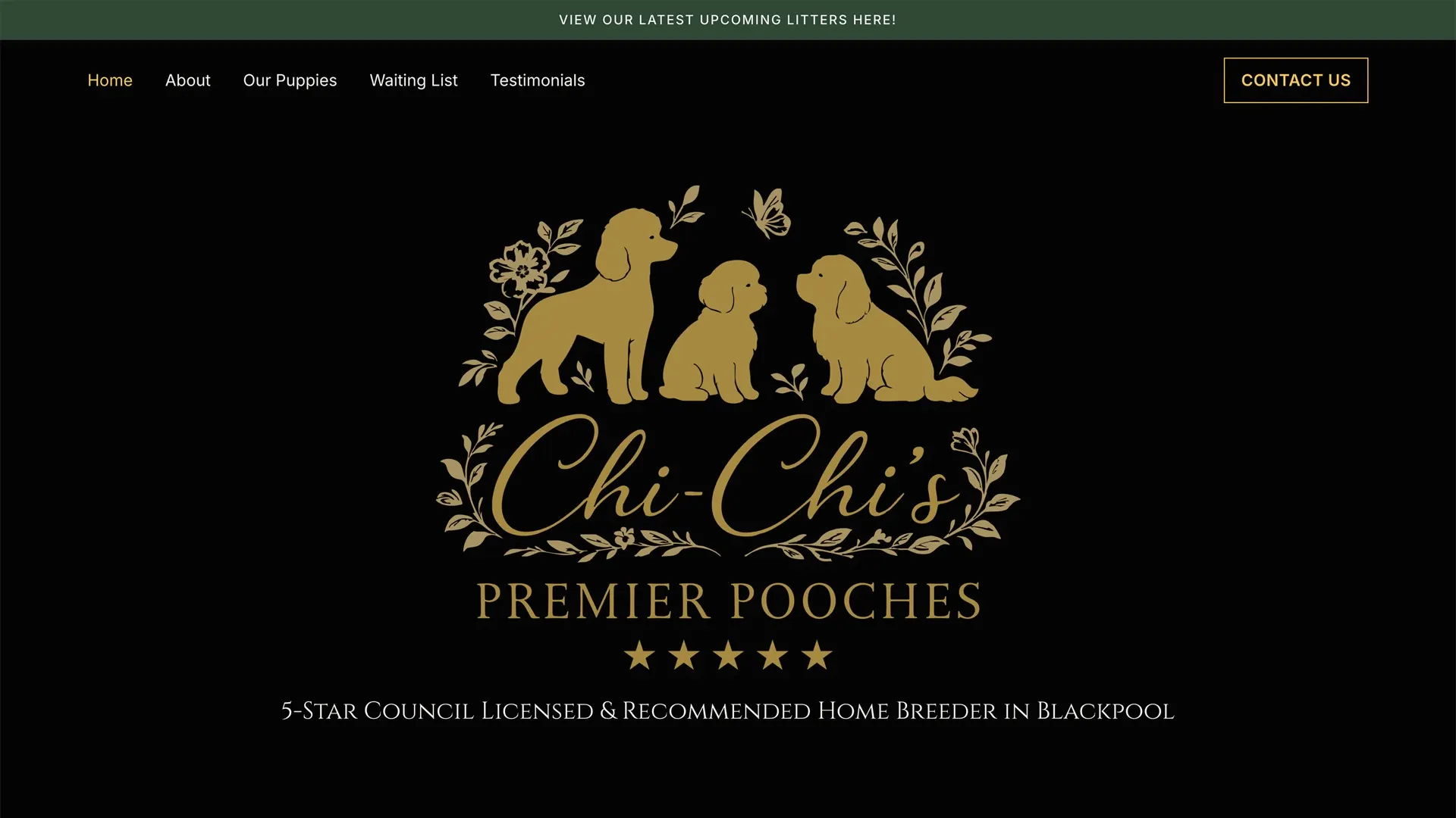 The Chi-Chi's Premier Pooches website on a desktop screen