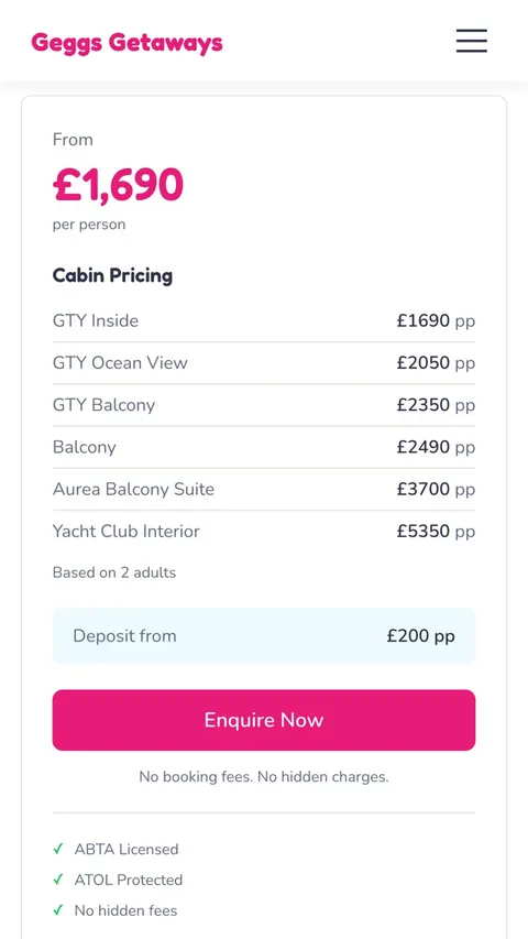 The Geggs Getaways website on a phone