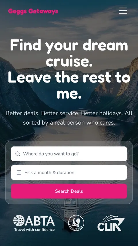 Geggs Getaways website on a phone, screen 2